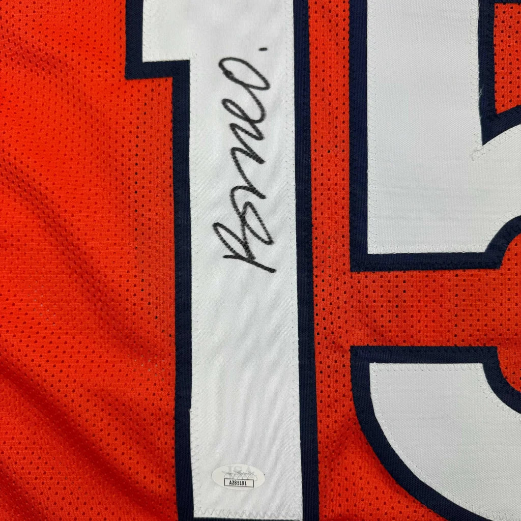Orange custom jersey with black-outlined white 15 and autograph for sports league fans