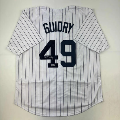 White pinstripe Ron Guidry custom jersey with autograph, perfect sports league collectible