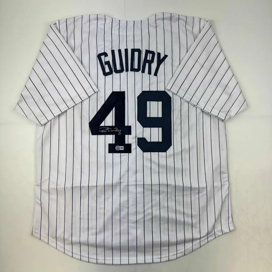 White pinstripe Ron Guidry custom jersey with autograph, perfect sports league collectible