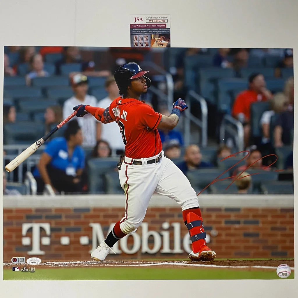 Signed Ozzie Albies Atlanta Braves 16x20 photo mid-swing in red uniform JSA COA