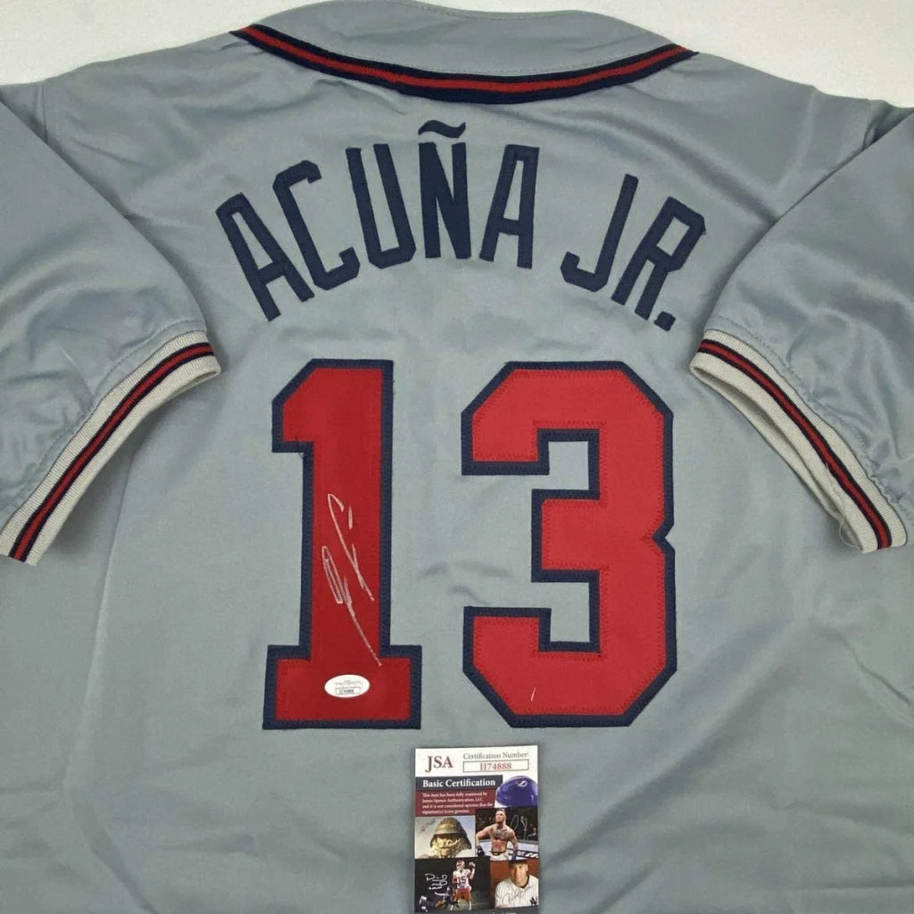 Autographed Ronald Acuna Jr. Atlanta Grey Baseball Jersey JSA COA | Certified Authentic Signed Memorabilia | vintageantiquesgifts.com