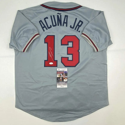 Autographed Ronald Acuna Jr. Atlanta Grey Baseball Jersey JSA COA | Hall of Fame Sports Memorabilia | vintageantiquesgifts.com