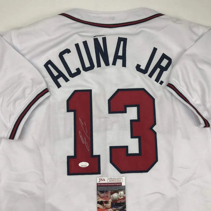 Autographed Ronald Acuna Jr. Atlanta White Baseball Jersey JSA COA | Certified Authentic Signed Memorabilia | vintageantiquesgifts.com