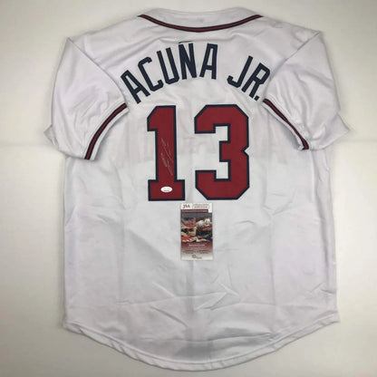 Autographed Ronald Acuna Jr. Atlanta White Baseball Jersey JSA COA | Hall of Fame Sports Memorabilia | vintageantiquesgifts.com