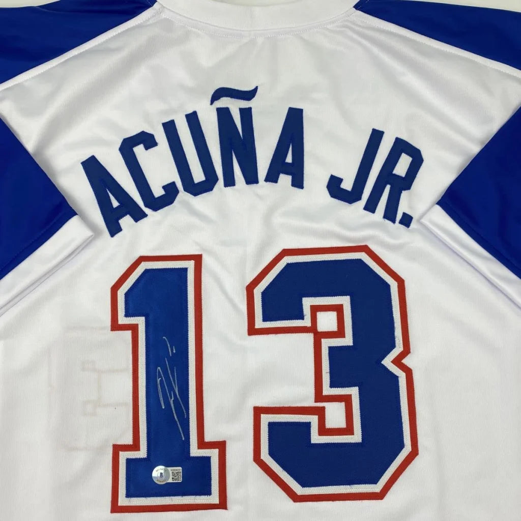 Autographed Ronald Acuna Jr. Atlanta White Retro Baseball Jersey Beckett BAS COA | Certified Authentic Signed Memorabilia | vintageantiquesgifts.com