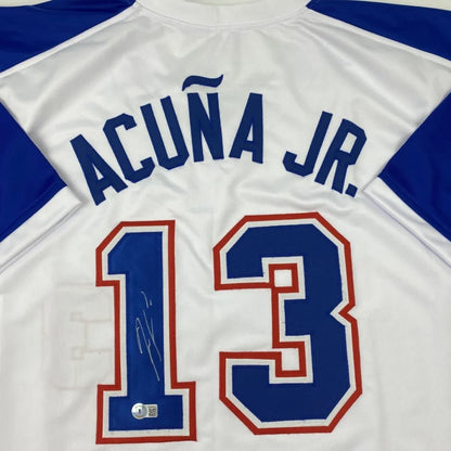 Autographed Ronald Acuna Jr. Atlanta White Retro Baseball Jersey Beckett BAS COA | Certified Authentic Signed Memorabilia | vintageantiquesgifts.com