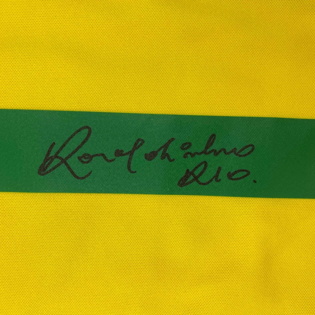 Yellow fabric with green stripe signed by Ronaldinho on a custom jersey for professional sports fans