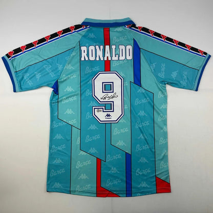 Autographed Ronaldo Nazario FC Barcelona 1996-97 Teal Soccer Jersey Beckett BAS COA | Hall of Fame Sports Memorabilia | vintageantiquesgifts.com