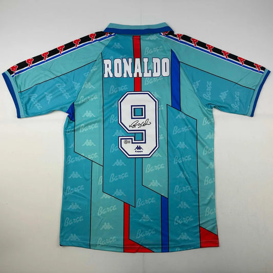 Autographed Ronaldo Nazario FC Barcelona 1996-97 Teal Soccer Jersey Beckett BAS COA | Hall of Fame Sports Memorabilia | vintageantiquesgifts.com