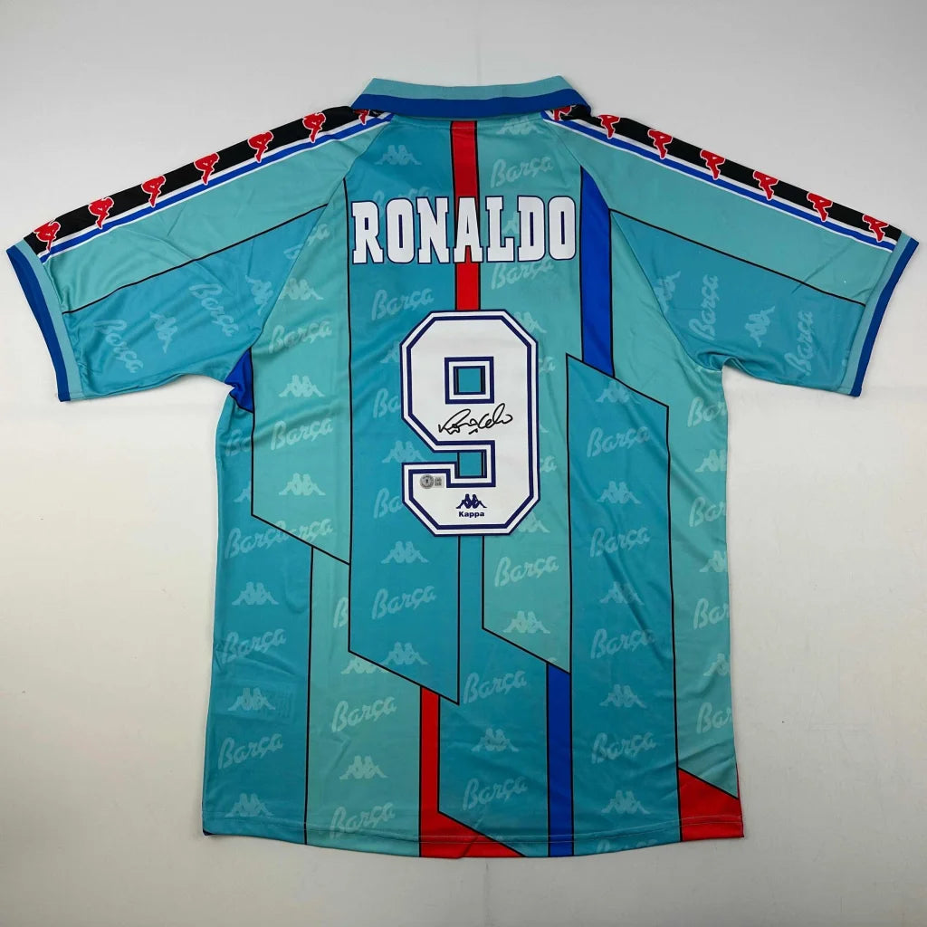 Aqua blue Ronaldo soccer jersey with red and blue stripes, third party authentication