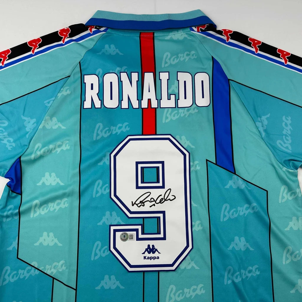 Autographed Ronaldo Nazario FC Barcelona 1996-97 Teal Soccer Jersey Beckett BAS COA | Certified Authentic Signed Memorabilia | vintageantiquesgifts.com