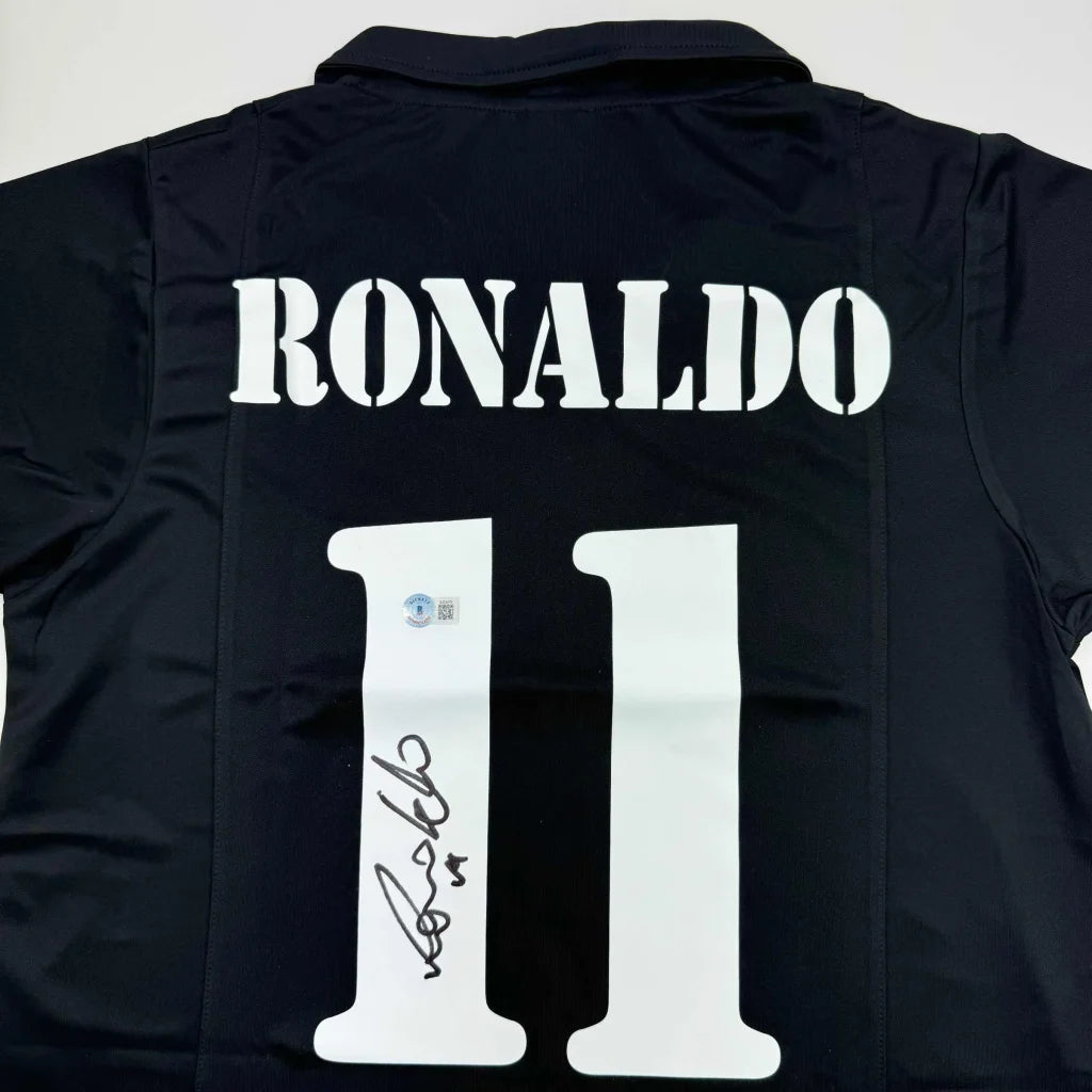 Autographed Ronaldo Nazario Real Madrid Black Soccer Jersey Beckett BAS COA | Certified Authentic Signed Memorabilia | vintageantiquesgifts.com