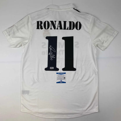 Autographed Ronaldo Nazario Real Madrid White Soccer Jersey Beckett BAS COA | Hall of Fame Sports Memorabilia | vintageantiquesgifts.com