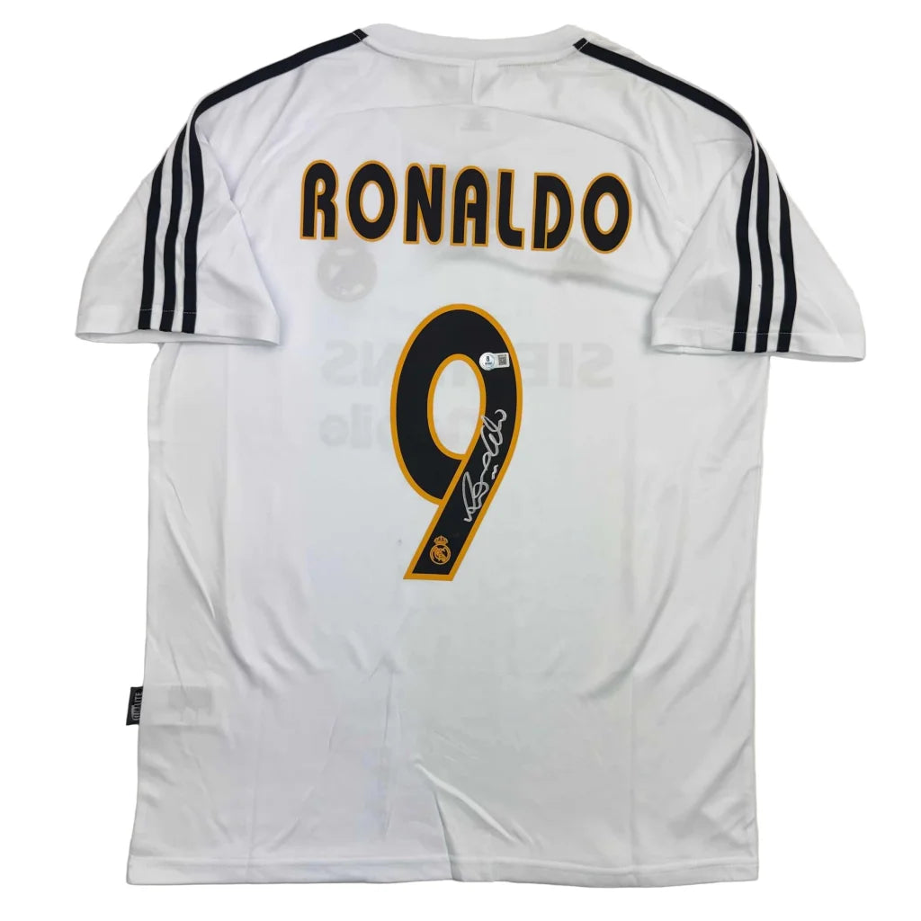 Back of autographed Ronaldo Nazario Real Madrid white Adidas custom jersey with black gold trim, Ronaldo 9, Beckett COA