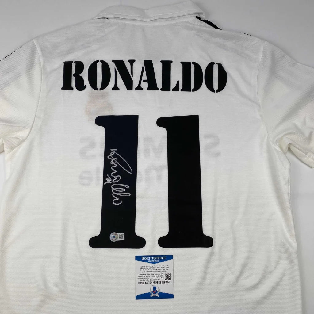 Autographed Ronaldo Nazario Real Madrid White Soccer Jersey Beckett BAS COA | Certified Authentic Signed Memorabilia | vintageantiquesgifts.com