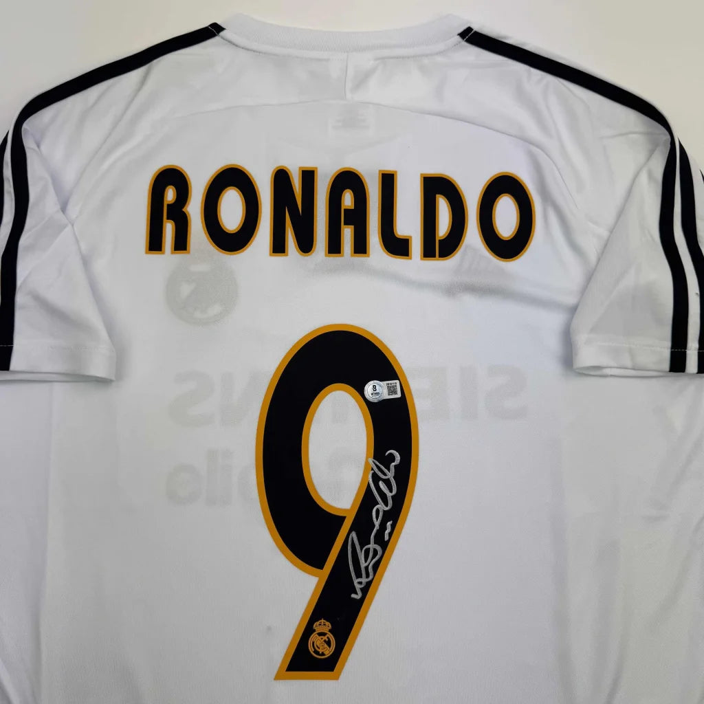 Back of autographed Ronaldo Nazario Real Madrid white custom jersey with signed number 9