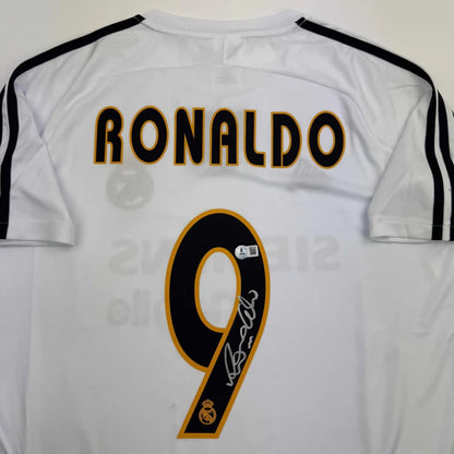 Back of autographed Ronaldo Nazario Real Madrid white custom jersey with signed number 9