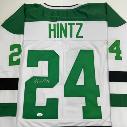 White and green professional sports league custom jersey with HINTZ 24 on back