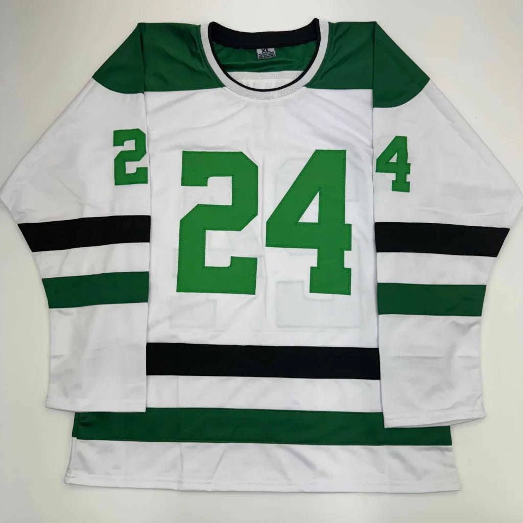 White hockey jersey with green shoulders and 24 number, authentic professional sports league custom jersey