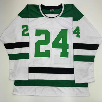 White hockey jersey with green shoulders and 24 number, authentic professional sports league custom jersey