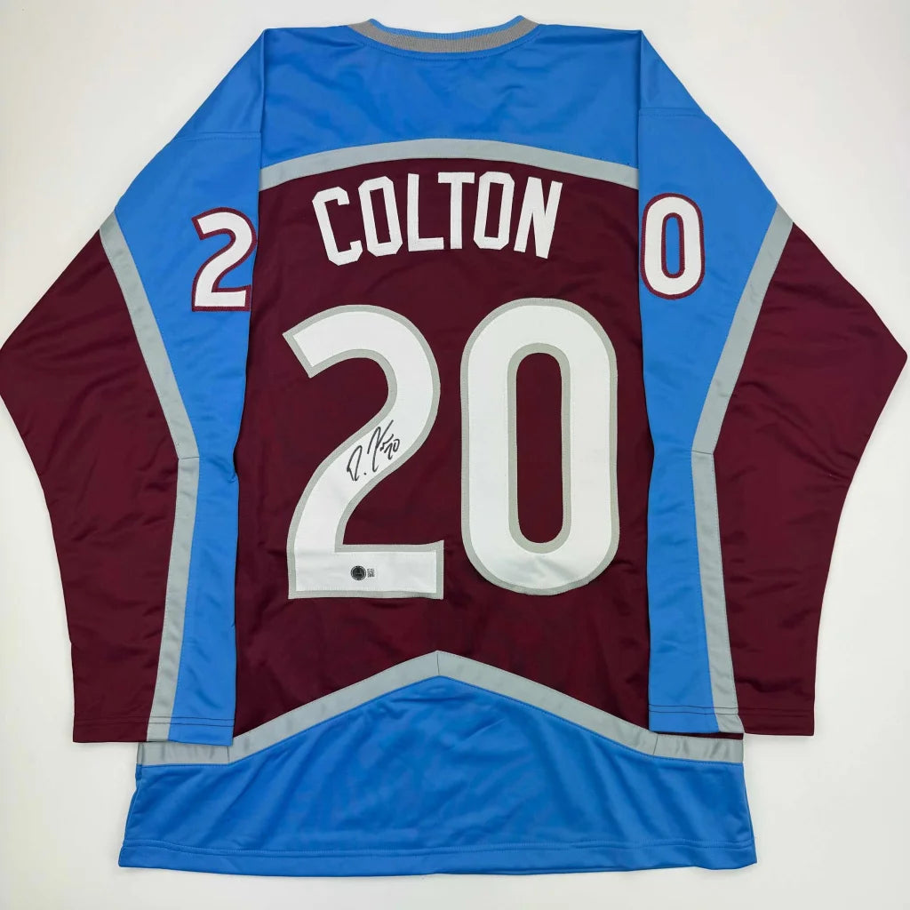 Autographed Ross Colton custom jersey in Colorado maroon, NHL pro sports league, Colton 20
