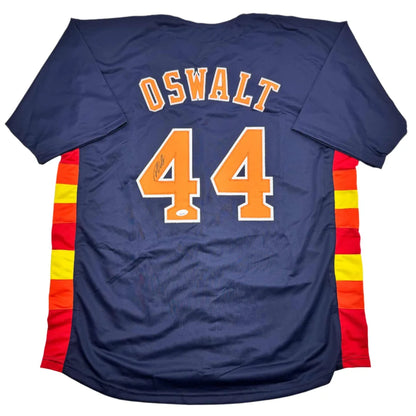Autographed Roy Oswalt Houston Astros custom jersey, navy blue with orange Oswalt 44 and striped sleeves