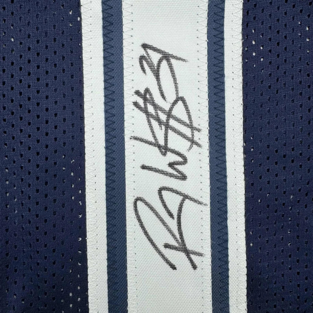 Navy blue and white striped custom jersey with black signature for professional sports league Roy Williams Dallas Blue football