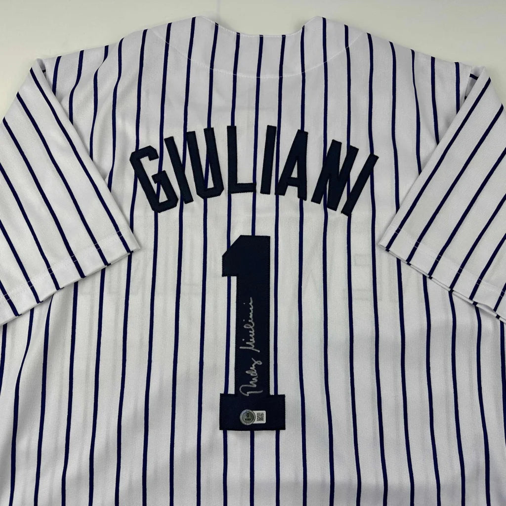 Autographed Rudy Giuliani custom New York pinstripe baseball jersey