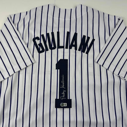Autographed Rudy Giuliani custom New York pinstripe baseball jersey