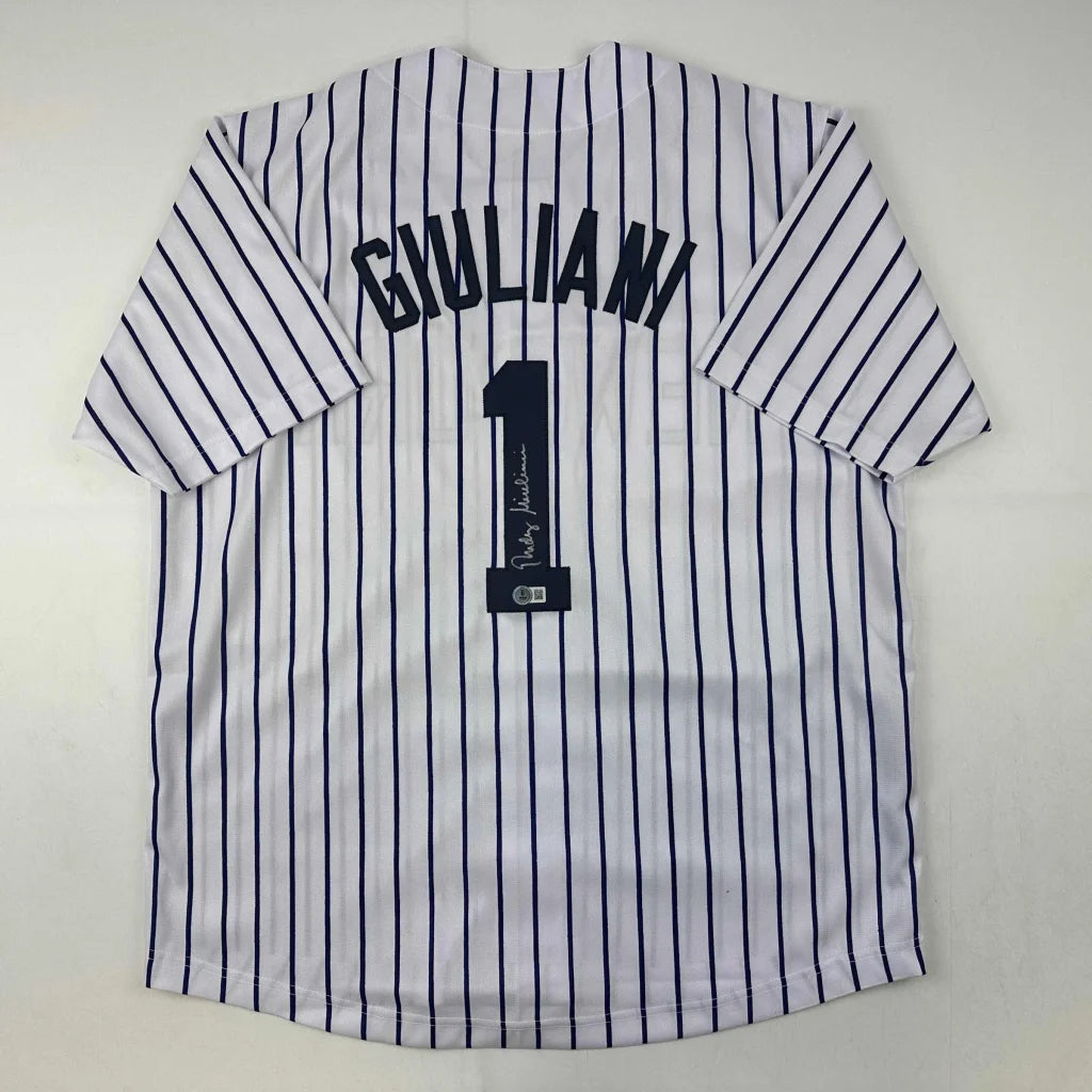 Autographed Rudy Giuliani New York pinstripe custom jersey, number 1