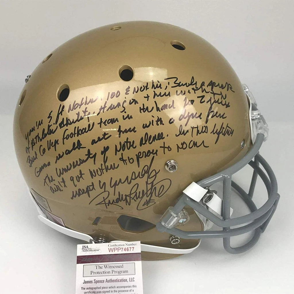Gold Notre Dame football helmet signed by Rudy Ruettiger with third party authentication