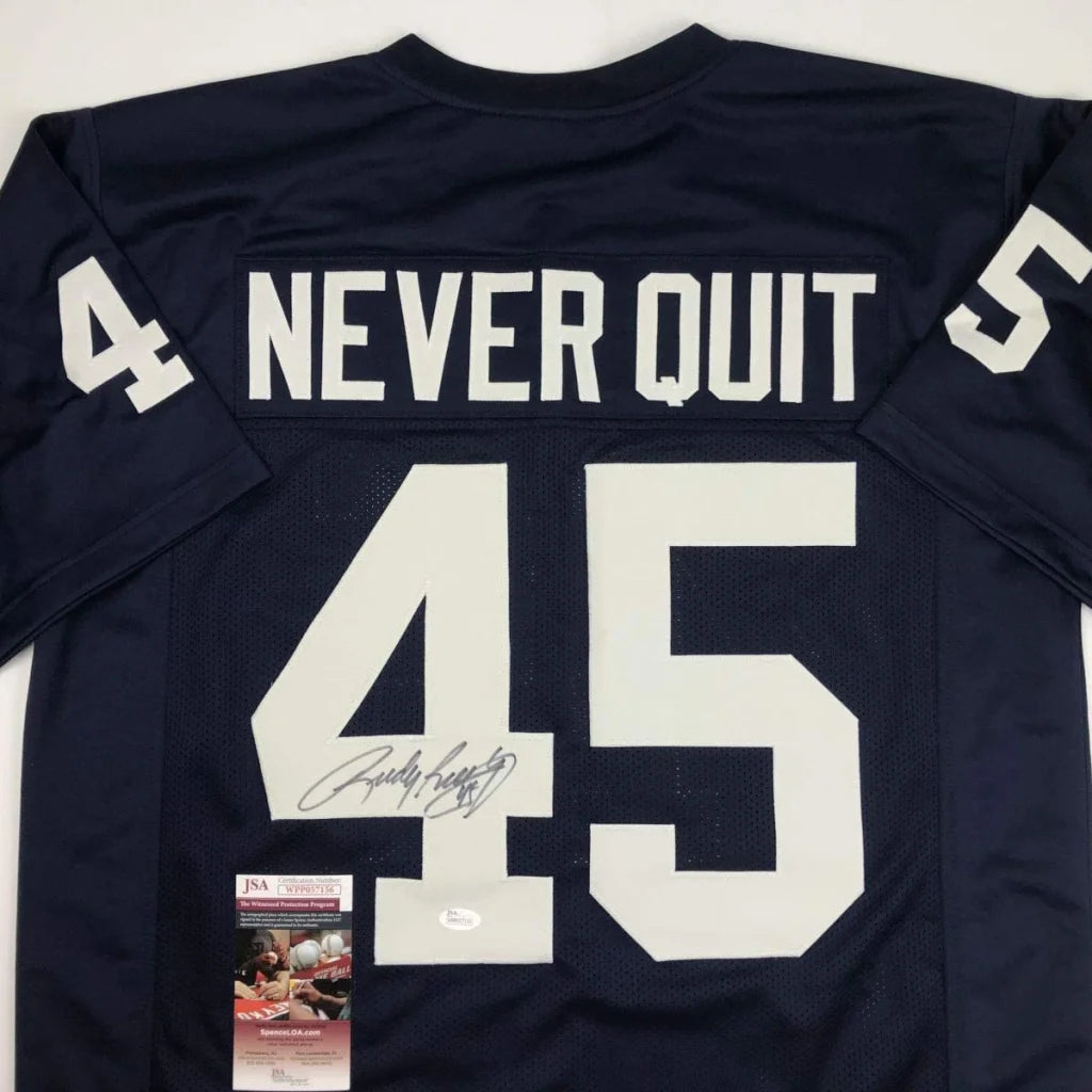 Autographed navy blue custom jersey from professional sports league with NEVER QUIT 45 logo