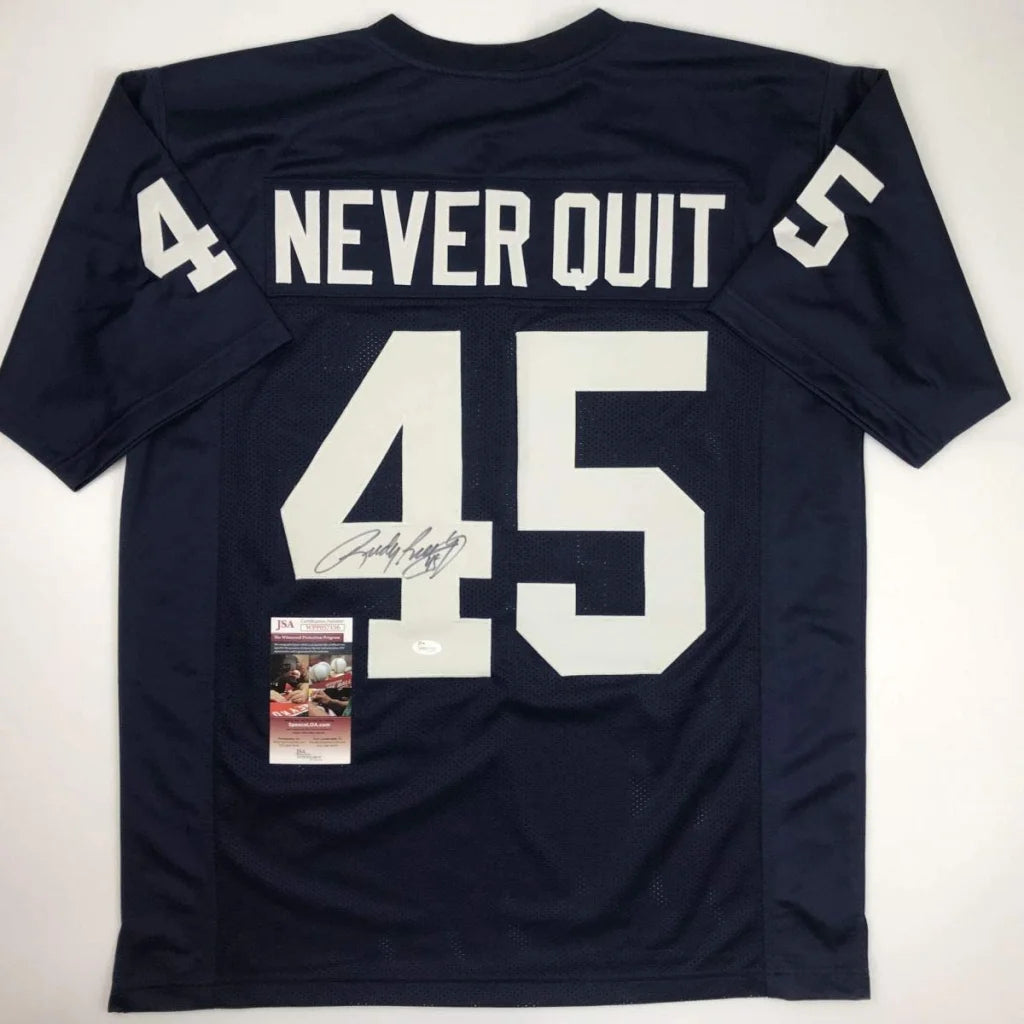 Dark blue custom jersey signed by a professional sports league athlete with 45 and NEVER QUIT