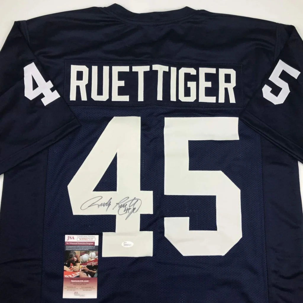 Autographed Rudy Ruettiger Notre Dame Blue College Football Jersey JSA COA | Certified Authentic Signed Memorabilia | vintageantiquesgifts.com