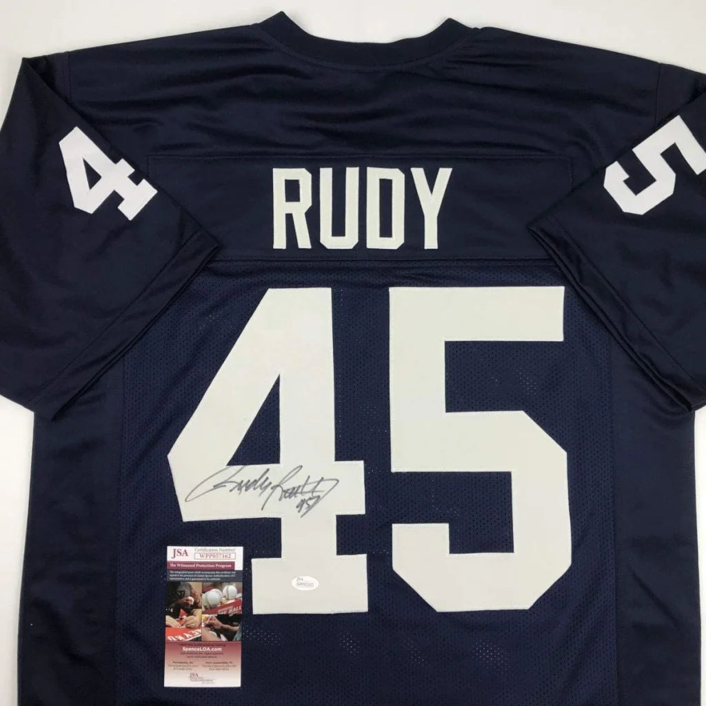 Dark blue custom jersey from Professional Sports League with RUDY 45 autograph and cert tag