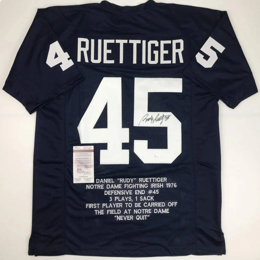 Autographed navy blue Rudy Notre Dame Fighting Irish custom jersey with 45 for sports fans