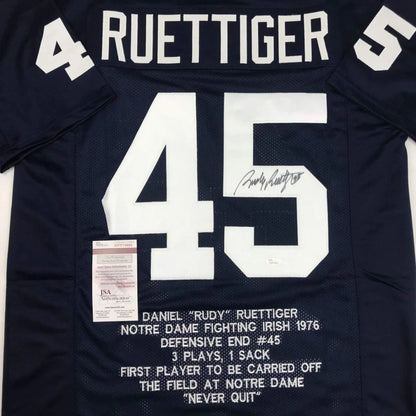Signed Rudy Ruettiger custom jersey with no sports league logos for Notre Dame fans