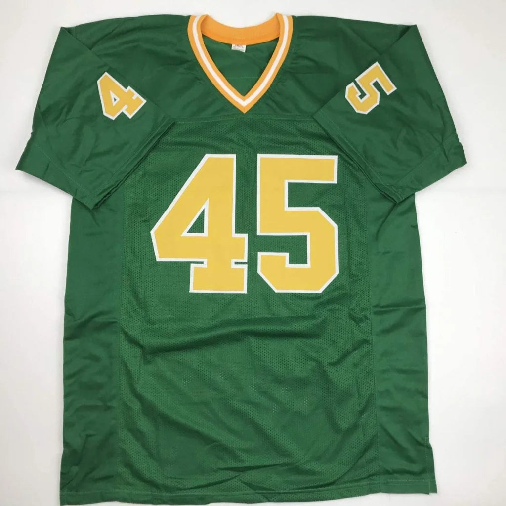 Autographed Rudy Ruettiger Notre Dame green custom jersey with yellow numerals