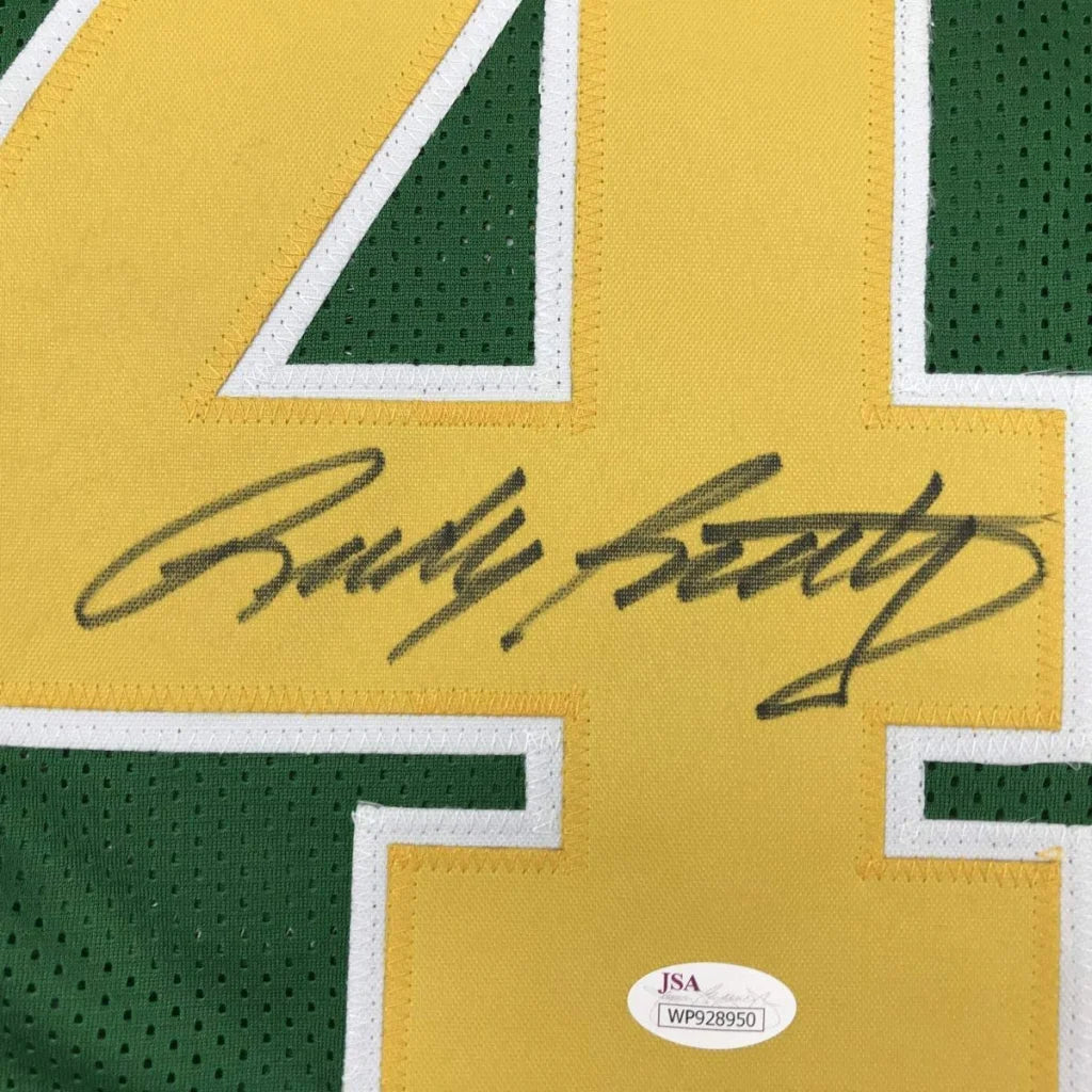 Autographed Rudy Ruettiger Notre Dame custom jersey, yellow-green mesh with bold number 4