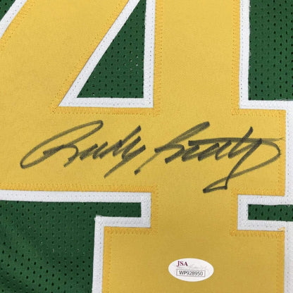 Autographed Rudy Ruettiger Notre Dame custom jersey, yellow-green mesh with bold number 4