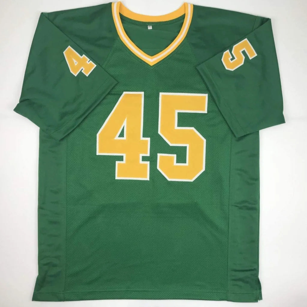 Green custom jersey with yellow trim and numbers from Authentic RUDY 45 football collectible