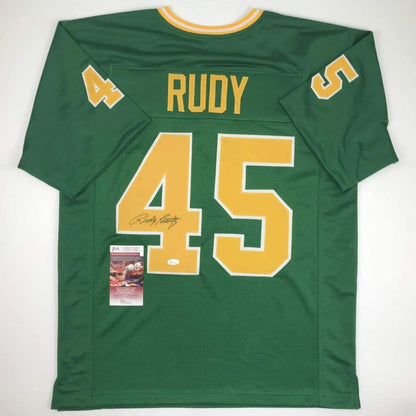 Green and gold Rudy 45 autographed custom jersey from professional sports league collectible