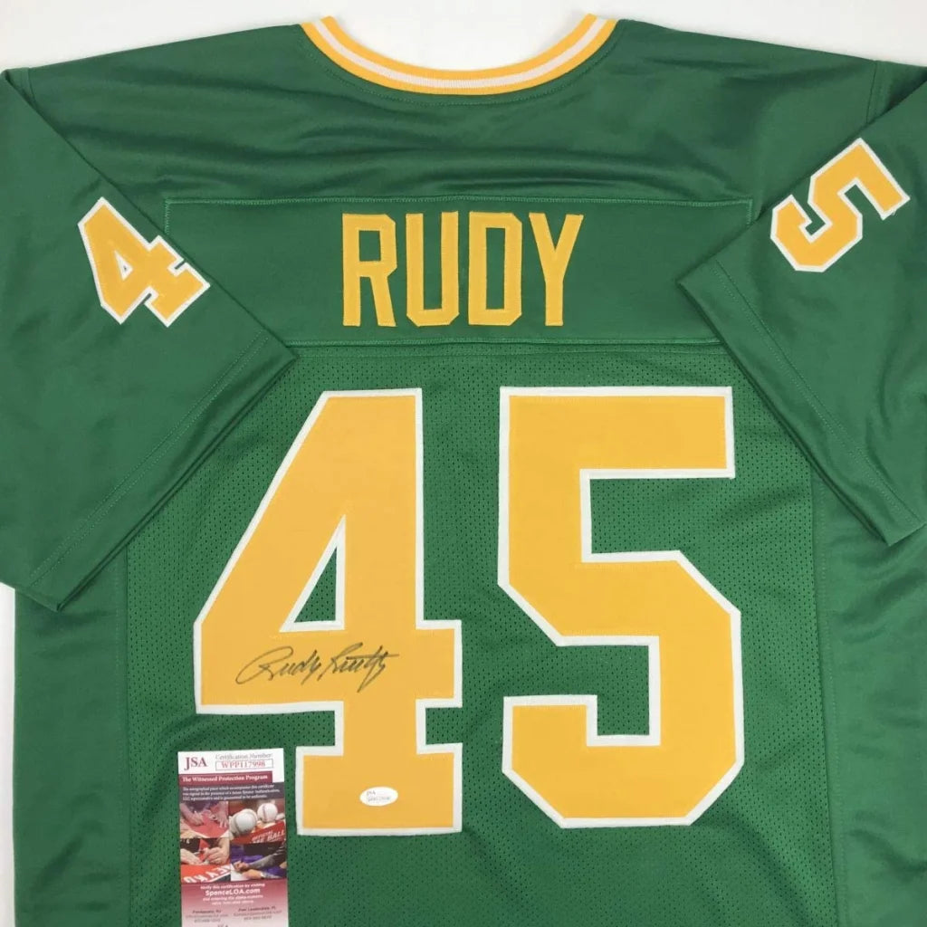 Green custom jersey with RUDY 45 signature and authentication sticker, perfect for pro sports fans