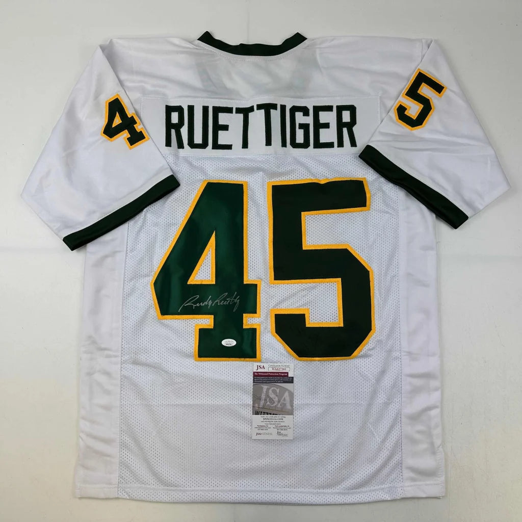Autographed Rudy Ruettiger Notre Dame White/Green College Football Jersey JSA COA | Hall of Fame Sports Memorabilia | vintageantiquesgifts.com