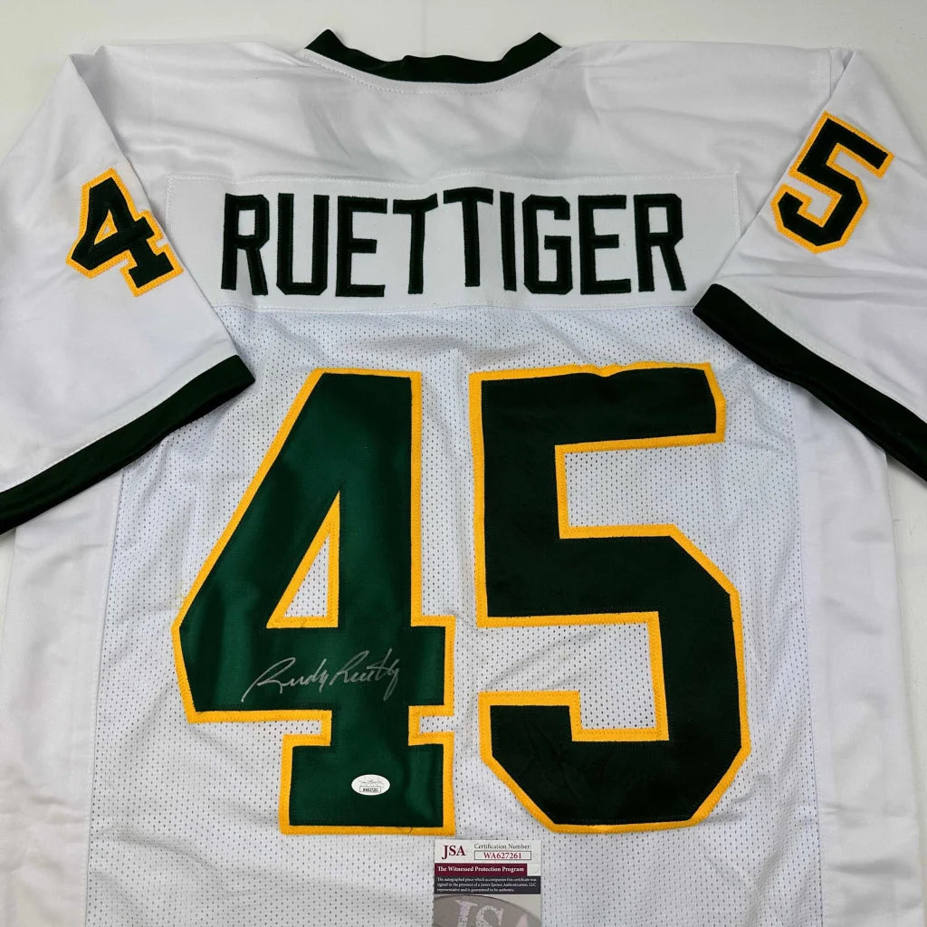 Autographed Rudy Ruettiger Notre Dame White/Green College Football Jersey JSA COA | Certified Authentic Signed Memorabilia | vintageantiquesgifts.com