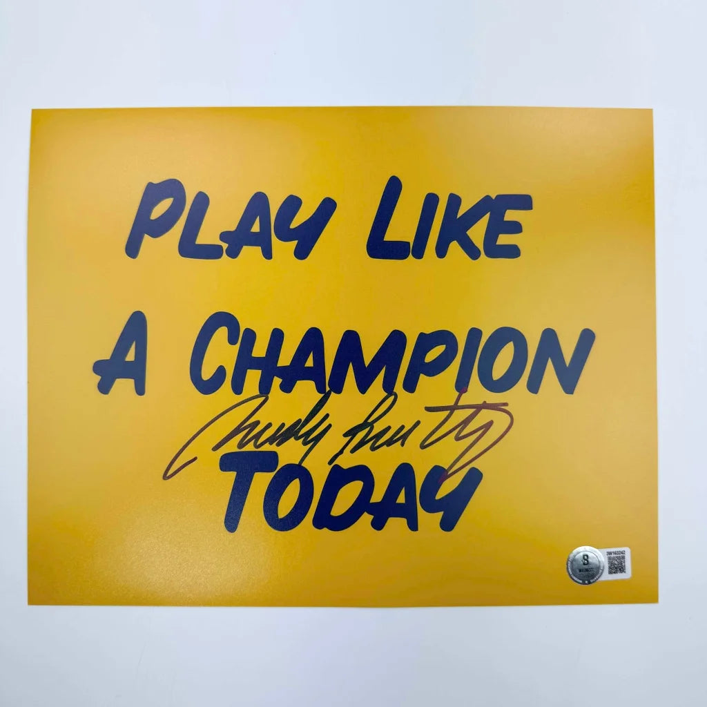 Yellow poster with dark blue text and handwritten autograph from Genuine Yellow Poster with Handwritten Autograph and Expert Authentication