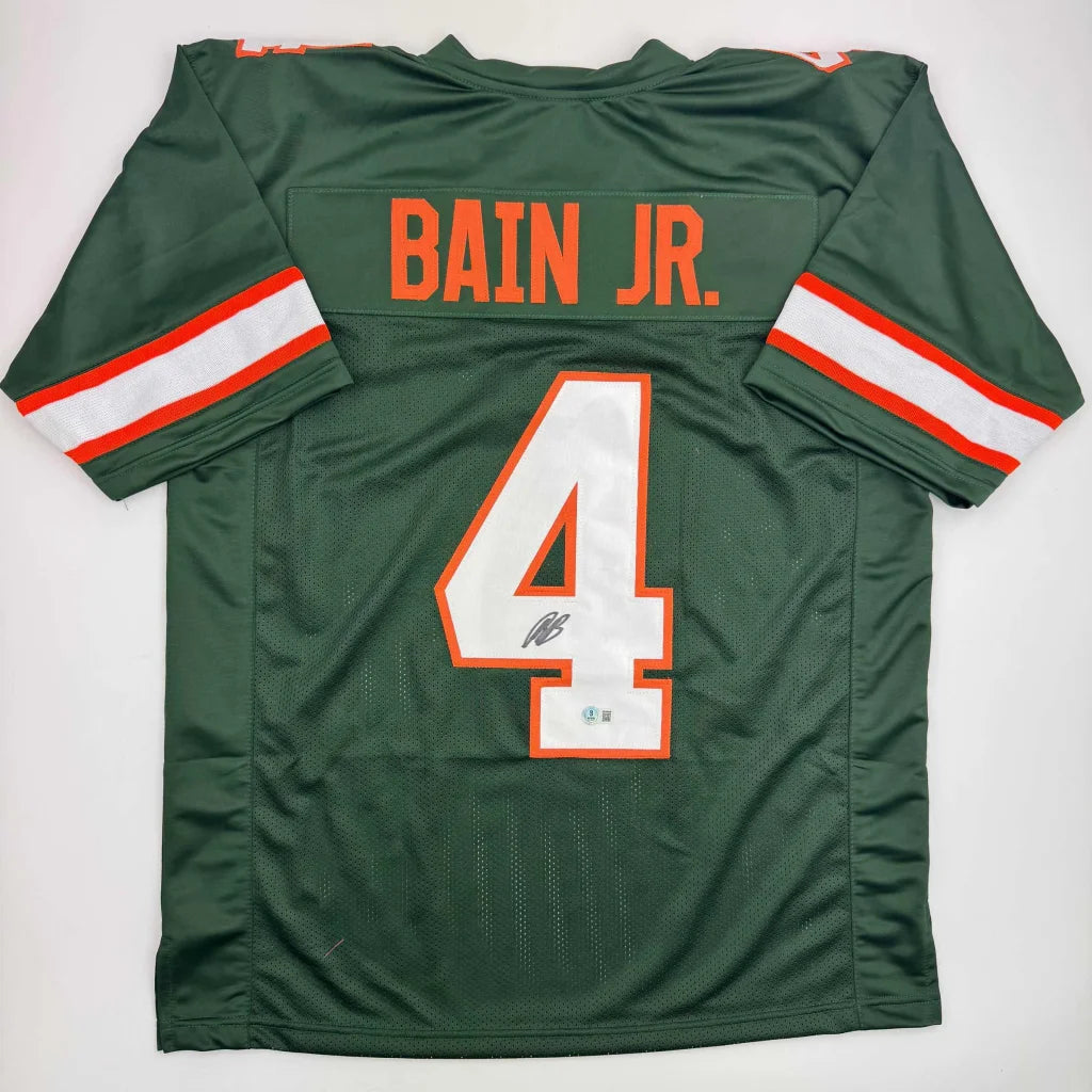 Back of autographed Rueben Bain Jr. green Miami Hurricanes custom jersey number 4