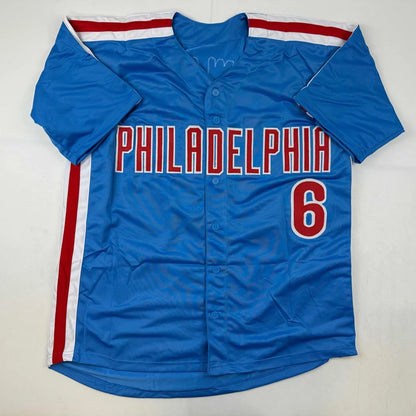 Light blue custom jersey with red and white stripes from Professional Sports League