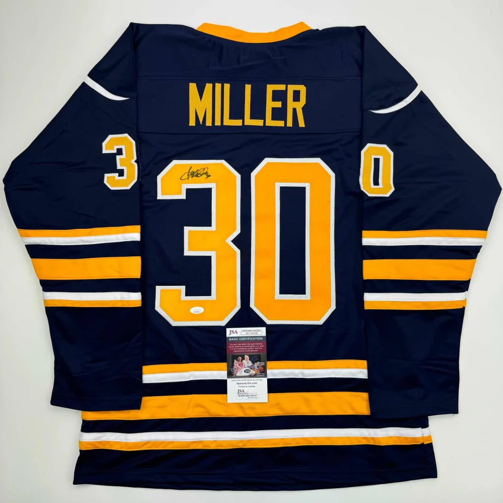 Back of autographed Ryan Miller navy blue custom Buffalo Sabres jersey, number 30