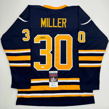 Back of autographed Ryan Miller navy blue custom Buffalo Sabres jersey, number 30